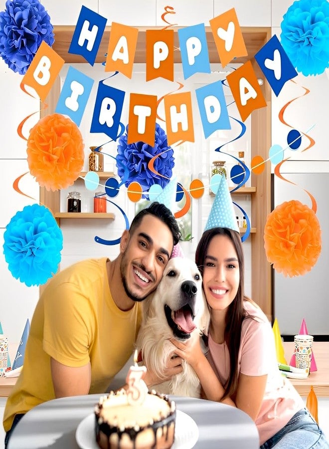 زينة عيد ميلاد باللونين الأزرق والبرتقالي، لافتة عيد ميلاد سعيد مع كرات بوم بوم معلقة، شرائط حلزونية، مراوح ورقية وردية اللون، زينة عيد ميلاد للرجال والنساء. - Image 4